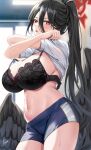  1girl :o absurdres arms_up black_bra black_hair blue_archive blush bra breasts crossed_arms gym_shorts gym_uniform halo hasumi_(blue_archive) hasumi_(gym_uniform)_(blue_archive) highres lace-trimmed_bra lace_trim large_breasts long_hair mole mole_under_eye navel official_alternate_costume piukute062 red_eyes shirt short_shorts shorts solo stomach sweat thighs underwear undressing v-shaped_eyebrows very_long_hair white_shirt 