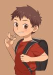  1boy a-roku_(eeroku) backpack bag black_bag brown_hair holding holding_key key male_child original randoseru red_shirt shirt short_hair short_sleeves simple_background smirk smug solo 