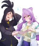  2girls anger_vein applying_bandages arm_behind_head bandaged_hand bandages bandaid bandaid_on_cheek bandaid_on_face black_hair black_jacket breasts coat cross_scar dendra_(pokemon) first_aid forced_smile green_eyes highres hitoridoodles jacket labcoat long_hair long_sleeves miriam_(pokemon) multicolored_hair multiple_girls open_clothes pokemon pokemon_(game) pokemon_sv ponytail purple_hair scar scar_on_face scar_on_forehead smile speech_bubble spoken_sweatdrop stethoscope sweatdrop sweater track_jacket two-tone_hair white_coat 