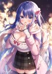  1girl :d bangs blue_hair blurry blurry_background blush bow breasts breath cleavage coat commentary_request depth_of_field frilled_skirt frills grey_skirt hair_between_eyes hair_bow hands_up large_breasts long_sleeves looking_at_viewer mitsuba_choco night open_clothes open_coat original outdoors pink_coat plaid plaid_scarf plaid_skirt purple_eyes red_bow scarf shirt skirt sleeves_past_wrists smile solo steepled_fingers twitter_username white_scarf white_shirt 