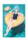  1girl absurdres ayanami_rei barefoot bird blue_hair chinese_commentary commentary dated feet floating highres looking_at_viewer neon_genesis_evangelion one-piece_swimsuit penguin penpen ptdra red_eyes shadow swimsuit water 