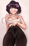  1girl bare_arms black_pantyhose blush boku_no_hero_academia breasts cameltoe gakibaki highres jirou_kyouka looking_at_viewer looking_down medium_breasts nipples nose_blush pantyhose short_hair solo standing tank_top white_tank_top 