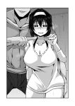  1boy 1girl blush breasts cleavage collarbone curtains greyscale hairband hand_on_another&#039;s_ass heavy_breathing hetero highres imagawa_akira jewelry large_breasts monochrome muscular muscular_male original pointing pregnancy_test ring sparkle sweat tongue tongue_out wedding_ring 