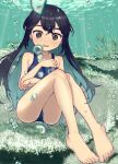 1girl :d aqua_hair arm_under_breasts bangs barefoot black_eyes black_hair blue_one-piece_swimsuit blurry blurry_foreground blush bouhuman breasts bubble collarbone colored_inner_hair commentary commission coral curled_fingers depth_of_field floating full_body hair_between_eyes hand_on_own_chest highres knees_up light_blush long_hair looking_at_viewer multicolored_hair nose_blush ocean open_mouth original raised_eyebrows shadow skeb_commission small_breasts smile solo submerged swimsuit teeth two-tone_hair underwater upper_teeth very_long_hair wide-eyed 
