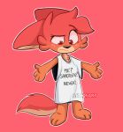  anthro black_nose canid canine clothing emqsart english_text female fox looking_down mammal oversized_shirt pink_background red_eyes shirt simple_background solo t-shirt t-shirt_only text topwear 