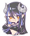  1girl 774_inc. bangs black_hair black_jacket black_tube_top blue_eyes blush breasts bright_pupils brown_eyes chaki_(teasets) chibi cleavage closed_mouth commentary_request curled_horns demon_horns grey_horns hair_between_eyes hand_on_own_chest hebiyoi_tier horns jacket long_hair looking_at_viewer medium_breasts off_shoulder simple_background smile solo strapless sugar_lyric transparent_background tube_top upper_body white_pupils 