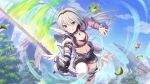  blue_eyes blue_sky cloud cloudy_sky crop_top grey_hair holding holding_sword holding_weapon medium_hair midriff official_art outdoors princess_connect! sky sword tomo_(princess_connect!) tree vambraces weapon 