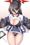  1girl black_bra black_choker black_hair black_panties blue_archive blush bra breasts choker cleavage clipboard clothes_lift commentary floral_print gym_shirt gym_uniform hair_between_eyes halo hasumi_(blue_archive) jacket large_breasts long_hair long_sleeves looking_at_viewer mole mole_under_eye no_pants off_shoulder open_mouth panties partially_unzipped pen ponytail print_bra red_eyes shadow shirokuma_a shirt shirt_lift sitting smile solo thigh_gap track_jacket underwear very_long_hair white_shirt 