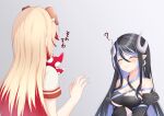  2girls 774_inc. ? animal_ears animare bangs black_hair black_tube_top blonde_hair blue_hair blush breasts cleavage closed_eyes closed_mouth commentary_request curled_horns demon_girl demon_horns dog_ears floppy_ears grey_horns hair_between_eyes hebiyoi_tier highres horns large_breasts long_hair looking_at_another multicolored_hair multiple_girls red_hair rin_(0917608) seshima_rui short_sleeves smile strapless sugar_lyric tube_top two-tone_hair upper_body virtual_youtuber 