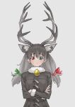  1girl absurdres animal_ear_fluff animal_ears antlers bangs bell coat commentary crossed_arms deer_ears extra_ears fur_collar green_eyes green_ribbon grey_background grey_coat grey_hair hair_between_eyes hair_ribbon heterochromia highres kemono_friends looking_at_viewer neck_bell red_eyes red_ribbon reindeer_(kemono_friends) reindeer_antlers ribbon simple_background solo tanabe_(fueisei) upper_body 