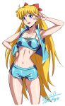  1girl aino_minako bangs bishoujo_senshi_sailor_moon blonde_hair blue_bustier blue_eyes blue_shorts blue_vest bow breasts cleavage hair_bow highres long_hair midriff navel red_bow shorts simple_background small_breasts smile solo thighs tomizofu v vest white_background 