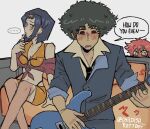  2girls blush breasts childishratboyy cigarette cowboy_bebop edward_wong_hau_pepelu_tivrusky_iv faye_valentine formal green_eyes guitar hairband instrument lipstick makeup multiple_girls orange_hair orange_hairband purple_hair spike_spiegel 