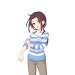  blue_shirt brown_eyes brown_hair hair_behind_ear looking_at_viewer official_art open_mouth princess_connect! rolling_sleeves_up ruka_(princess_connect!) shirt striped striped_shirt tachi-e transparent_background 