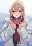  1girl absurdres blush breath brown_eyes brown_hair day down_jacket hair_between_eyes hands_up highres hz_paris jacket long_hair long_sleeves looking_at_viewer open_clothes open_jacket open_mouth original outdoors red_scarf scarf smile solo upper_body white_jacket winter 