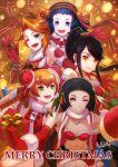  2c 5girls absurdres arc_the_lad black_hair blue_eyes breasts christmas closed_mouth dress earrings fur_trim gift gloves highres jewelry long_hair looking_at_viewer medium_hair merry_christmas multiple_girls navel open_mouth short_hair smile thighhighs 