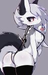 anthro black_clothing blush breasts butt canid canine canis clothed clothing collar ear_piercing female hair helluva_boss hi_res koivyx legwear lingerie looking_back loona_(helluva_boss) mammal medium_breasts piercing skimpy solo thick_thighs thigh_highs white_body wolf 