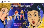  2boys action_figure aleks_le black_eyes black_hair blonde_hair blue_eyes braid braided_ponytail english_commentary english_text jamie_(street_fighter) ken_masters lips luke_sullivan male_focus meme multiple_boys official_art open_mouth pac-man_eyes pointing ryu_(street_fighter) scar scar_across_eye single_braid street_fighter street_fighter_6 thick_eyebrows two_soyjaks_pointing_(meme) undercut voice_actor_connection 