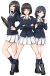 3girls :o alternate_costume bangs black_eyes black_footwear black_hair black_socks blue_eyes blue_hair blue_jacket bob_cut boots clenched_hands closed_mouth commentary crossed_arms crossover eniwa_shii frown girls_und_panzer green_shirt hand_on_hip heel_up highres holding jacket koguma_(super_cub) legs_apart long_hair long_sleeves looking_at_viewer military military_uniform miniskirt multiple_girls omachi_(slabco) ooarai_military_uniform open_mouth pleated_skirt reiko_(super_cub) shirt short_hair simple_background skirt smile socks standing super_cub tank_shell uniform white_background white_skirt zipper 
