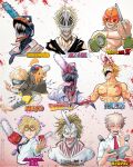  1boy a2t_will_draw black_necktie bleach blonde_hair blood boku_no_hero_academia buttons chainsaw chainsaw_man copyright_name denji_(chainsaw_man) dog dragon_ball dragon_ball_z eyepatch floating floating_object fujimoto_tatsuki_(style) grin headband highres horikoshi_kouhei_(style) isayama_hajime_(style) kishimoto_masashi_(style) kubo_tite_(style) kunai male_focus mask mob_psycho_100 mouth_hold multiple_style_parody multiple_views naruto_(series) necktie oda_eiichirou_(style) one_(style) one_piece open_mouth otogakure_symbol parody pochita_(chainsaw_man) red_necktie sharp_teeth shingeki_no_kyojin shirt short_sleeves smile style_parody teeth tongue tongue_out toriyama_akira_(style) weapon white_shirt 