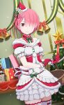  christmas_tree dress gloves hair_over_one_eye hat highres looking_at_viewer medium_hair official_art pink_hair ram_(re:zero) re:zero_kara_hajimeru_isekai_seikatsu re:zero_kara_hajimeru_isekai_seikatsu:_lost_in_memories red_eyes red_gloves red_headwear santa_hat 