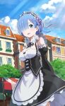  apron blue_eyes blue_hair blue_sky blush building detached_sleeves european_architecture european_clothes hair_over_one_eye happy highres maid maid_apron maid_headdress official_art open_mouth outdoors re:zero_kara_hajimeru_isekai_seikatsu re:zero_kara_hajimeru_isekai_seikatsu:_lost_in_memories rem_(re:zero) sky tree 