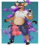  anthro ball_expansion bottle bovid bovine cattle clothing genitals goldiescales heterochromia hi_res holding_bottle holding_object male mammal penis solo teats torn_clothing transformation udder_balls udders 