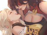  2girls beidou_(genshin_impact) breasts brown_hair cleavage closed_eyes closed_mouth eyepatch genshin_impact glutentag happy multiple_girls ningguang_(genshin_impact) open_mouth teeth upper_teeth white_hair yuri 