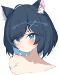  1girl ahoge animal_ear_fluff animal_ears bangs bare_shoulders black_hair blue_eyes blush bob_cut breasts cat_ears cleavage closed_mouth collarbone commission cropped_torso hair_ornament highres light_frown looking_at_viewer medium_breasts medium_hair original rasusurasu short_eyebrows shoulder_blush simple_background solo straight_hair swept_bangs upper_body v-shaped_eyebrows white_background x_hair_ornament 