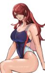  1girl absurdres breasts cleavage covered_navel hair_over_one_eye highres kirijou_mitsuru large_breasts long_hair looking_at_viewer nero_watch one-piece_swimsuit persona persona_3 red_eyes red_hair sketch skin_tight smile solo swimsuit thighs white_background 