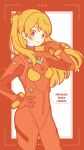  1girl absurdres blue_eyes blush bodysuit breasts character_name cowboy_shot hand_on_hip hand_up highres limited_palette long_hair looking_at_viewer multicolored_bodysuit multicolored_clothes neon_genesis_evangelion orange_hair pilot_suit plugsuit red_bodysuit red_theme small_breasts smile solo souryuu_asuka_langley yoshimon 