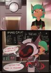  absurd_res barista beverage blush blush_lines canid canine chalkboard clothing coffee coffee_machine coffee_shop comic_panel cookie detailed_background espresso_machine female food fox hi_res kuwsh machine maid_collar maid_headdress maid_uniform male mammal protogen uniform 