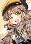  +_+ 1girl :d bangs blunt_bangs blush brown_capelet brown_cloak brown_hair capelet character_name cloak cross-shaped_pupils deerstalker detective goddess_of_victory:_nikke green_eyes hat highres novel_(nikke) open_mouth orange_headwear pen pen_behind_ear plaid plaid_capelet plaid_cloak shindo_hachigo short_hair short_twintails sidelocks smile solo symbol-shaped_pupils twintails 