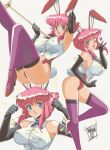  1girl absurdres animal_ears ass black_gloves blue_eyes breasts collared_shirt danmakuman elbow_gloves fake_animal_ears fake_tail gloves heart high_heels highres large_breasts magical_girl misty_may nontraditional_playboy_bunny one_eye_closed otaku_no_video pink_hair purple_thighhighs rabbit_ears rabbit_tail red_footwear shirt short_hair sleeveless sleeveless_shirt tail thighhighs white_shirt 