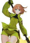  1girl bangs bob_cut breasts brown_hair closed_mouth commentary_request gloves green_eyes highres holding jacket jun_(seojh1029) konami_kirie long_sleeves looking_at_viewer medium_breasts short_hair short_shorts shorts simple_background smile solo weapon world_trigger 