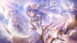  bird bird_wings blue_eyes blue_sky cloud cloudy_sky dove feathered_wings hair_ornament long_hair official_art one_eye_closed princess_connect! purple_hair shizuru_(princess_connect!) sky vambraces wings 
