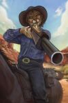  aiming_at_viewer aiming_gun aiming_weapon anthro belt belt_buckle clothed clothing cougar cowboy_hat cowboy_outfit dress_shirt edward_pointer equid equine felid felid_humanid feline feral gun hair hat headgear headwear hi_res horse horseback_riding male mammal marksman_rifle marmoratus messy_hair one_eye_closed outside ranged_weapon saddle shirt solo topwear weapon 