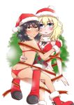  2girls andou_(girls_und_panzer) ankle_boots argyle_thighhighs arm_around_waist back bangs bikini black_eyes black_hair blonde_hair blue_eyes blush boots breasts brown_eyes butt_crack christmas closed_mouth dark-skinned_female dark_skin floating frilled_thighhighs frills frown fur_collar girls_und_panzer half-closed_eyes halterneck hand_on_another&#039;s_shoulder hat looking_at_viewer looking_back medium_breasts medium_hair messy_hair multicolored_thighhighs multiple_girls open_mouth oshida_(girls_und_panzer) red_bikini red_footwear red_ribbon ribbon salt-apple santa_boots santa_hat sitting skindentation straddling swimsuit thighhighs wreath 