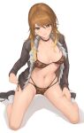  1girl animal_print bangs bikini black_footwear blonde_hair breasts brown_bikini brown_eyes brown_hair brown_jacket choker cleavage collarbone dark-skinned_female dark_skin fur-trimmed_jacket fur_trim gradient_hair highres idolmaster idolmaster_shiny_colors izumi_mei jacket kneeling leopard_print long_hair long_sleeves looking_at_viewer medium_breasts multicolored_hair navel open_clothes open_jacket parfaitlate shoes smile sneakers socks solo swimsuit thighs white_background white_socks 