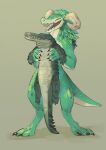  2021 ambiguous_gender anthro babanasaur black_claws carrying carrying_another claws crocodile crocodilian crocodylid digital_media_(artwork) duo feral green_background green_body green_scales green_sclera hi_res horn keranas lizard looking_forward male open_mouth reptile scales scalie simple_background standing tan_body tan_scales teeth yellow_sclera 