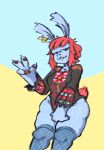  abbie_(chelodoy) anthro big_butt blue_body butt covering covering_crotch covering_self ear_piercing ear_ring female gesture hair lagomorph leporid looking_at_viewer mammal mevka_(artist) piercing rabbit red_hair ring_piercing solo thick_thighs ukraine ukrainian_flag v_sign wide_hips 