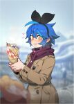  1girl 1other :t bangs black_hairband black_ribbon blue_hair blurry blurry_background blurry_foreground blush breasts brown_jacket closed_mouth day depth_of_field difman eating food food_on_face hair_between_eyes hair_ribbon hairband highres holding holding_food jacket large_breasts long_sleeves looking_at_viewer mole mole_under_eye multicolored_hair orange_eyes original outdoors purple_scarf ribbon scarf solo_focus streaked_hair wavy_mouth 