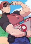  1boy arm_up biceps black_bag blue_pants blurry blurry_background box brown_hair buttons character_print closed_mouth cloud commentary courier_(pokemon) day delibird grey_eyes hat highres holding holding_box impetuss male_focus muscular muscular_male outdoors pants pectorals pokemon pokemon_(game) pokemon_sv red_headwear shirt short_hair short_sleeves sky smile solo sweatdrop wristband 