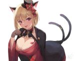  1girl :p aiguillette animal_ear_fluff animal_ears arm_support black_cape black_headwear blonde_hair bob_cut body_markings breasts brown_gloves cape cat_ears cat_girl cat_tail choker commentary_request facial_mark fang gloves hat heart japanese_clothes kimono large_breasts looking_at_viewer luis_cammy mini_hat mini_top_hat mole mole_under_mouth multiple_tails namiura nekomata nijisanji paw_pose red_choker red_eyes red_kimono short_hair skin_fang solo tail tilted_headwear tongue tongue_out top_hat two_tails virtual_youtuber 
