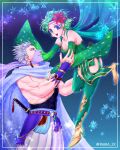  1boy 1girl aged_up blue_eyes breasts cape cleavage closed_mouth earrings edward_geraldine final_fantasy final_fantasy_iv green_hair hair_ornament highres inaba_tomoe jewelry long_hair nail_polish ninja open_mouth rydia_(ff4) short_hair simple_background smile snowflakes star_(symbol) star_earrings sword thighhighs weapon white_hair 