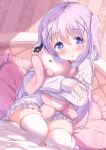  1girl artist_name blush chinomaron dress gochuumon_wa_usagi_desu_ka? hair_between_eyes hair_ornament heart heart-shaped_pupils highres kafuu_chino light_purple_hair long_hair long_sleeves parted_lips purple_eyes signature solo stuffed_animal stuffed_bunny stuffed_toy symbol-shaped_pupils thighhighs twitter_username two_side_up white_dress white_thighhighs x_hair_ornament 