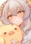  1girl bird blush chick freckles grey_hair highres horns looking_at_viewer original parted_lips solo temachii upper_body yellow_eyes 