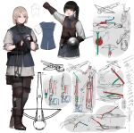  2girls absurdres bangs belt black_gloves black_hair blonde_hair blue_neckerchief blueprint bolt boots brown_footwear brown_gloves buckler clenched_hand crossbow dagger european_clothes fingerless_gloves full_body gloves green_eyes grey_eyes hair_tie highres holding holding_shield how_to knee_pads knife leather leather_belt leather_gloves long_sleeves medieval multiple_girls neckerchief open_mouth original pointy_ears ponytail pouch raised_fist rampart1028 shield short_hair sidelocks simple_background single_knee_pad standing sword thigh_pouch tied_sleeves upper_body weapon white_background 