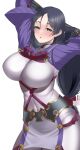  1girl absurdres arms_up bangs black_hair blue_eyes blush breasts covered_navel fate/grand_order fate_(series) highres large_breasts long_hair long_sleeves looking_at_viewer minamoto_no_raikou_(fate) oidoden2535 parted_bangs parted_lips simple_background solo white_background 