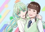  1girl aikatsu!_(series) aikatsu_planet! aqua_background braid brown_eyes cardigan futtenten gradient_hair green_cardigan green_eyes multicolored_hair q-pit tsukishiro_ayumi twin_braids 