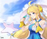  1girl ahoge bangs bare_shoulders bird bird_on_hand blonde_hair blue_dress blue_eyes breasts cleavage cleavage_cutout clothing_cutout cloud cloudy_sky dragalia_lost dress hair_ornament hair_ribbon ippers long_hair open_mouth ribbon sky sleeveless sleeveless_dress tiara upper_body very_long_hair zethia 